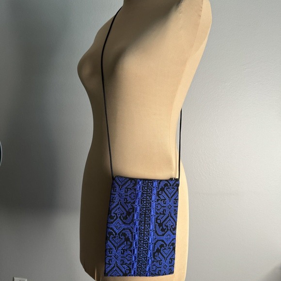 Blue Black Cottagecore Boho Fabric Crossbody Pouch Zipper - Picture 2 of 10